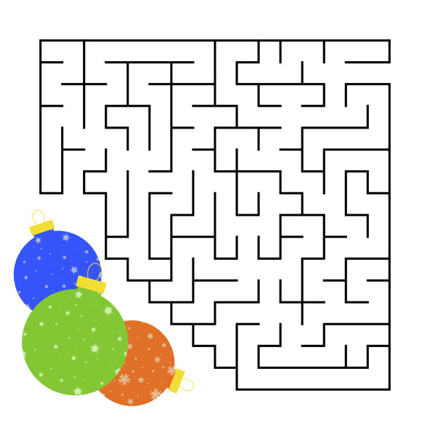 抽象的方形迷宫与彩色图片。圆圆的圣诞球。对孩子们来说有趣又有用的游戏。简单的平面矢量插图孤立在白色背景上。图片下载