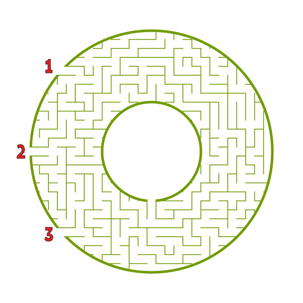 颜色圆的迷宫。三种方式。游戏对孩子。对儿童拼图。迷宫难题。平面矢量插图孤立在白色背景。为你的形象预留位置。图片下载