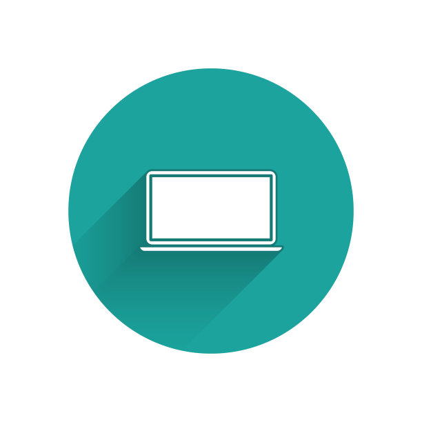 白色笔记本电脑图标孤立与长阴影。屏幕空的笔记本电脑。绿色圆圈按钮。矢量图图片下载