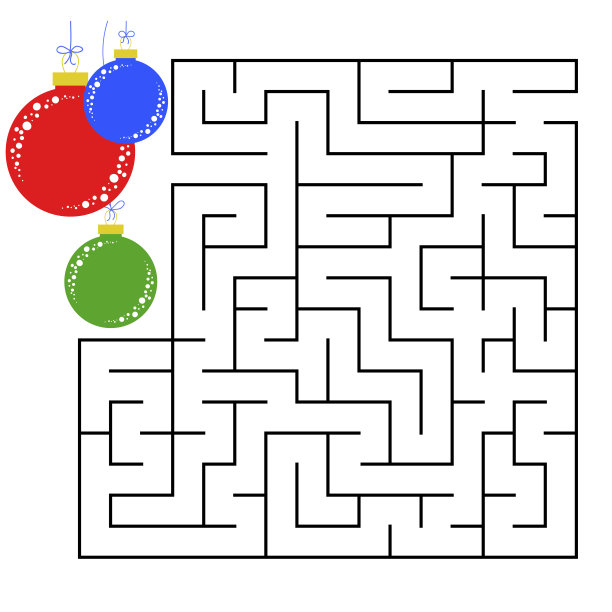 抽象的方形迷宫与彩色图片。圆圆的圣诞球。对孩子们来说有趣又有用的游戏。简单的平面矢量插图孤立在白色背景上。图片下载