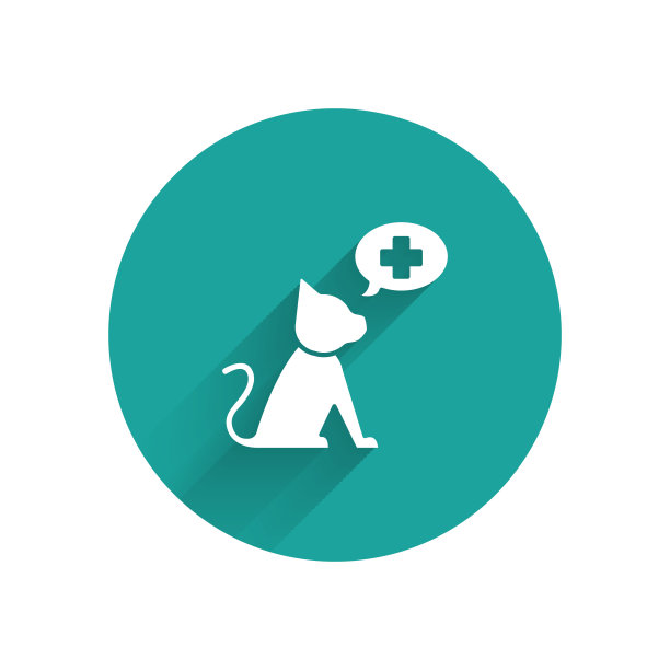 白色兽医诊所标志图标孤立与长阴影。交叉猫兽医护理。宠物急救标志。绿色圆圈按钮。矢量图图片下载