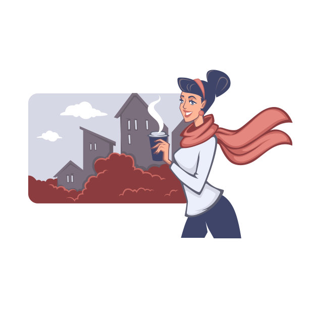 秋天的咖啡，卡通女孩，喝着小镇街道的外卖咖啡，矢量插画图片下载