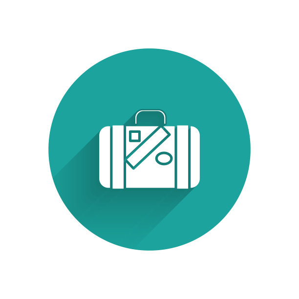 白色旅行箱和贴纸图标孤立与长影子。旅行的行李的迹象。旅行的行李图标。绿色圆圈按钮。矢量图图片下载