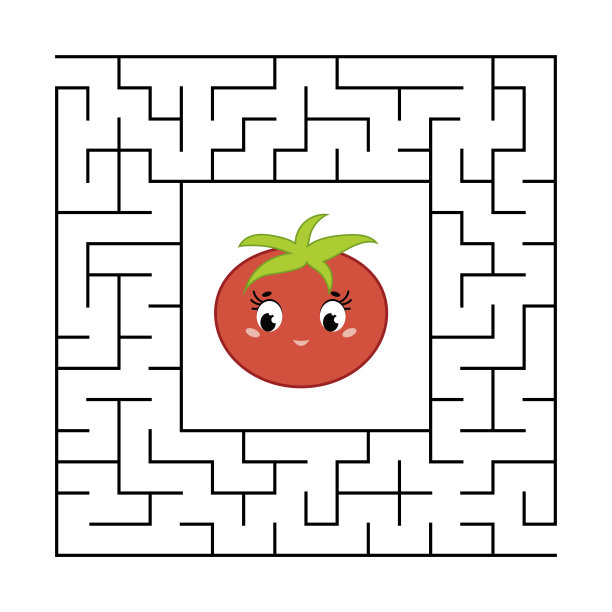 抽象的方形迷宫与可爱的彩色卡通人物。一个开胃的西红柿。对孩子们来说有趣又有用的游戏。简单的平面矢量插图孤立在白色背景上。图片下载