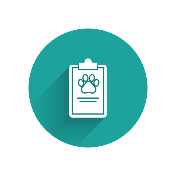 带有医疗临床记录宠物图标的白色剪贴板，带有长阴影。医疗保险形式。体检报告绿色圆圈按钮。矢量图图片下载