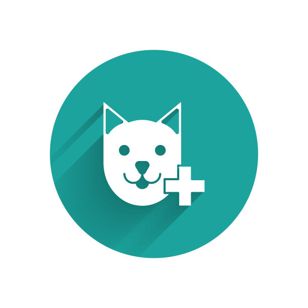 白色兽医诊所标志图标孤立与长阴影。交叉猫兽医护理。宠物急救标志。绿色圆圈按钮。矢量图图片下载