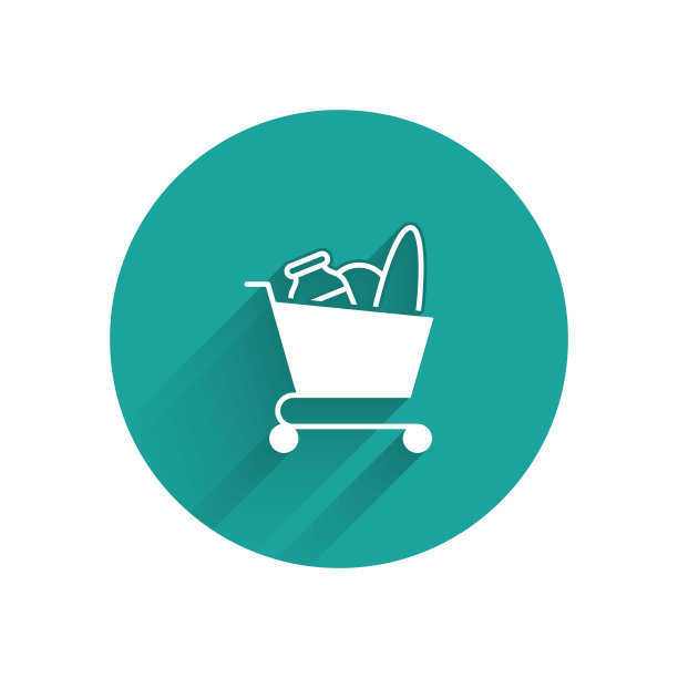 白色购物车和食物图标孤立与长影子。食品商店,超市。绿色圆圈按钮。矢量图图片下载