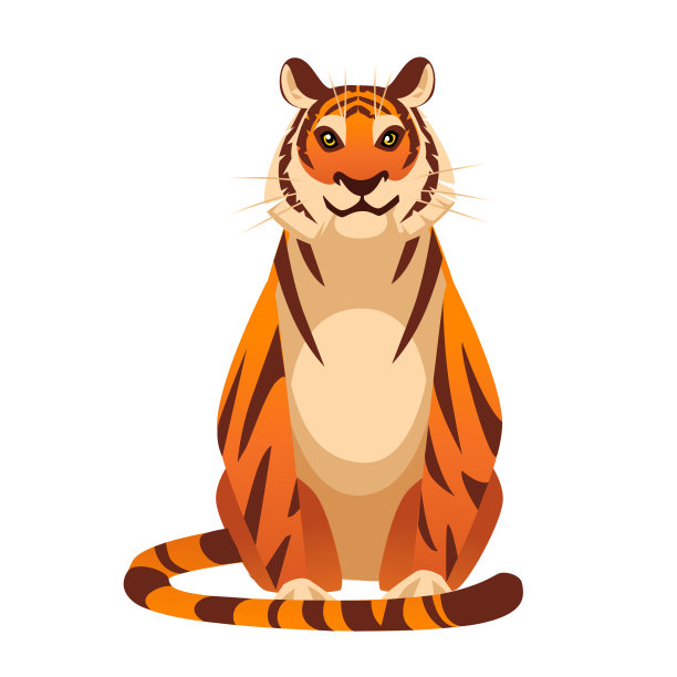 成年大红虎坐在地上野生动物和动物主题卡通动物设计平面矢量插图孤立在白色背景正面视图图片下载
