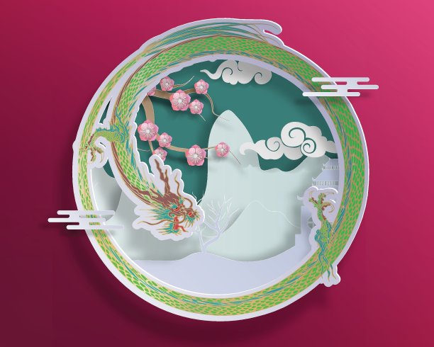 矢量手画在剪纸上关于中国节日和龙圆背景食物。用于设计。图片下载