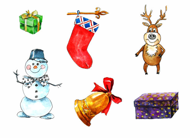 一组孤立的元素在圣诞节的主题。礼品盒，雪人，鹿，圣诞袜，铃铛。水彩在白色的背景。素材图片