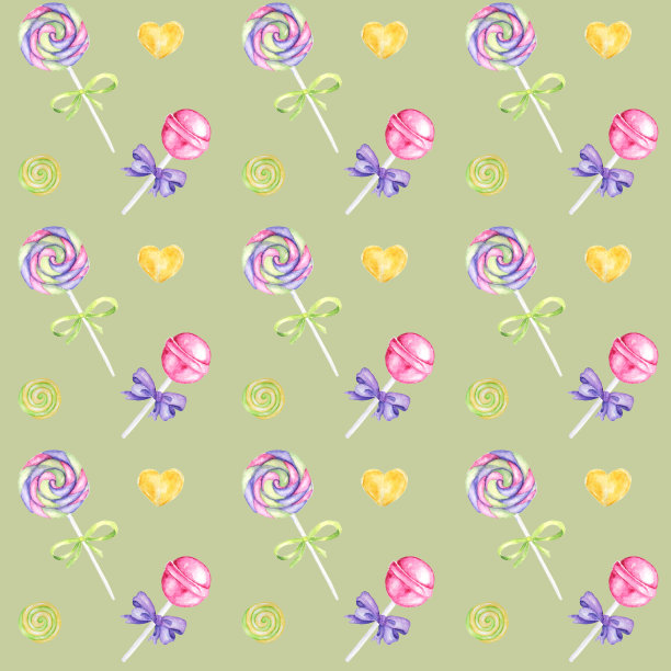 糖果条手绘水彩图案，棒棒糖和蝴蝶结鲜艳的颜色-紫色，绿色，黄色剪贴纸在绿色的背景，甜蜜的生日派对图片下载