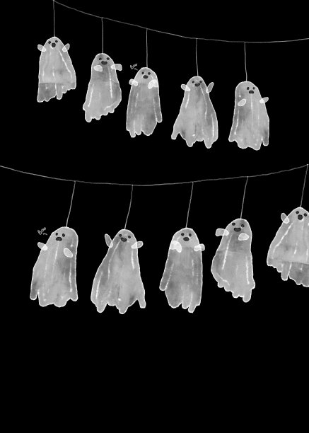 一组白色的床单上的幽灵和娃娃的眼睛孤立在黑色的背景上，描绘幽灵漂浮在地面上，幽灵卡通，白色的幽灵为万圣节图片下载