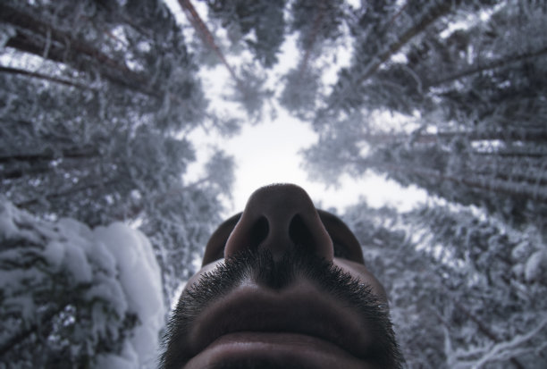 一个在冬季森林里的古人的肖像。从底部看图片下载