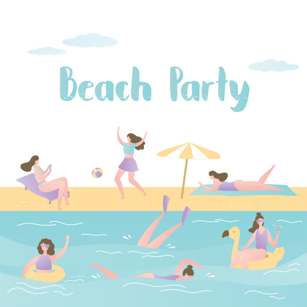 沙滩上的不同女孩，夏日背景，有趣的女性角色图片下载