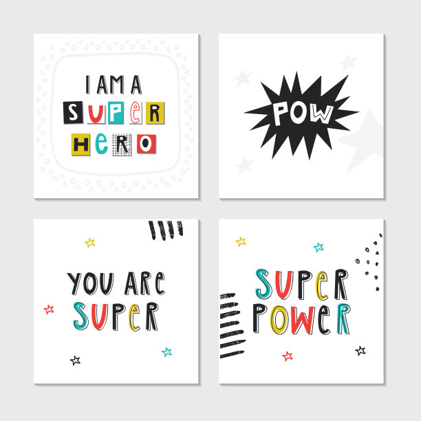 超级英雄-收集儿童卡片可爱和有趣的手绘字母。矢量图图片下载