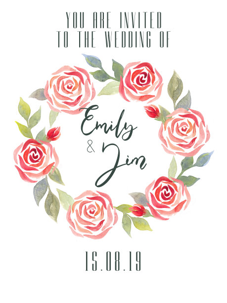 婚礼请柬水彩花，玫瑰和树枝的叶子。图片下载