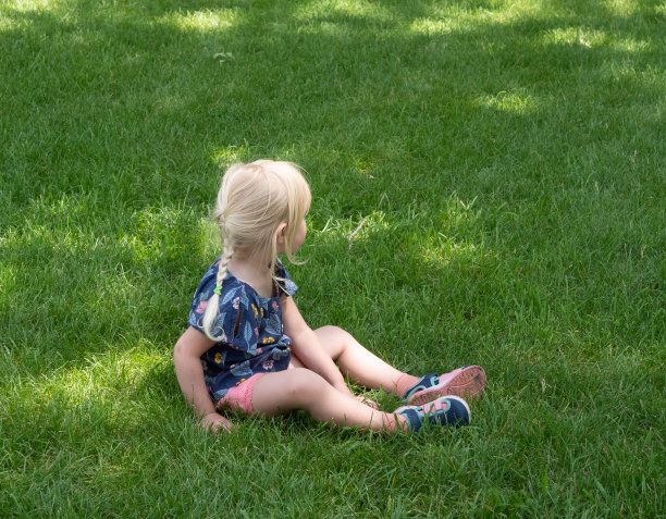 坐在绿草地上的白人小女孩图片下载