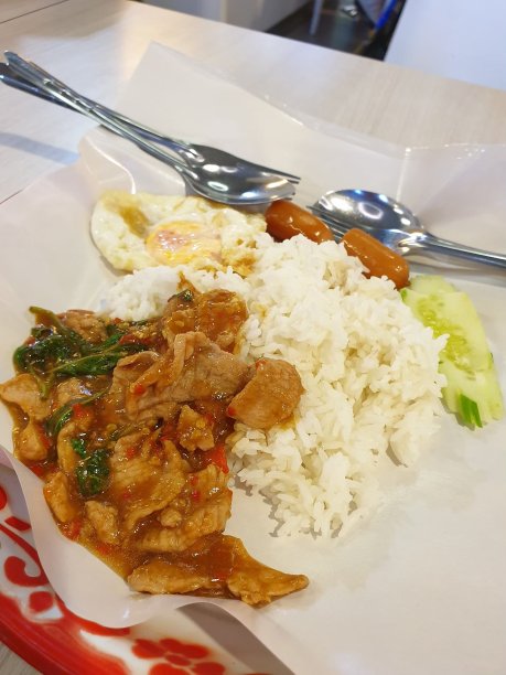 罗勒肉炒蛋饭。图片下载