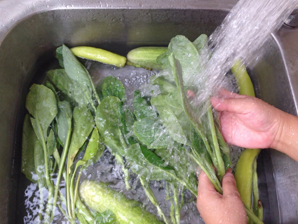 通过浸泡和冲洗蔬菜几次来清除毒素和污垢，以保证安全食用。把蔬菜泡在水槽里洗一洗。图片下载