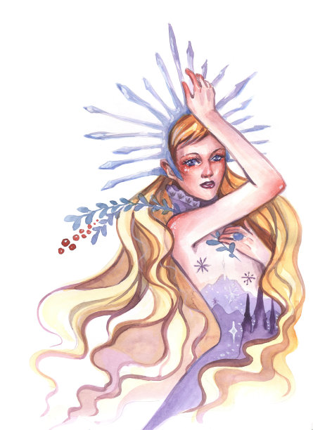 水彩画女孩冬天在冰冠新年假期图片下载