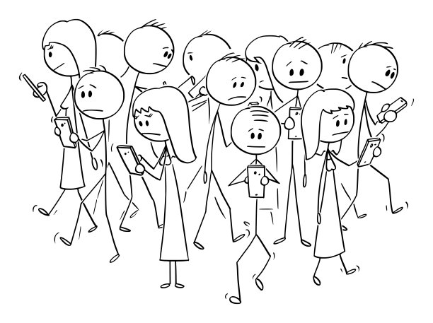 矢量卡通的人群走在街上和使用手机或手机图片下载