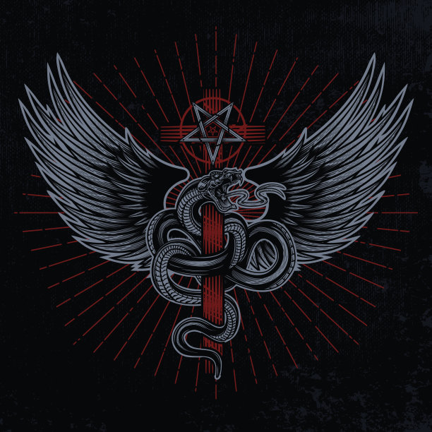 蛇的翅膀缠绕着一个十字架和五角星。图片下载
