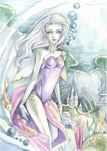 水彩画下的美人鱼是一幅生动的插图图片下载