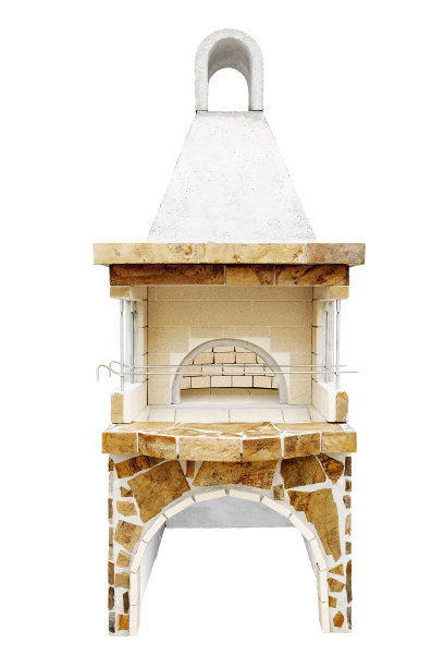 烧烤开放式壁炉与内置炉为户外食物。户外烧烤烧烤。夏天开放的厨房。后院砖制烧烤架。孤立在白色背景上。图片下载