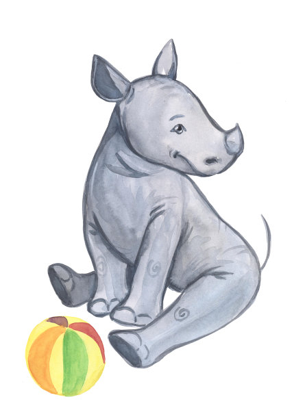 犀牛儿童与球儿童插图水彩画图片下载