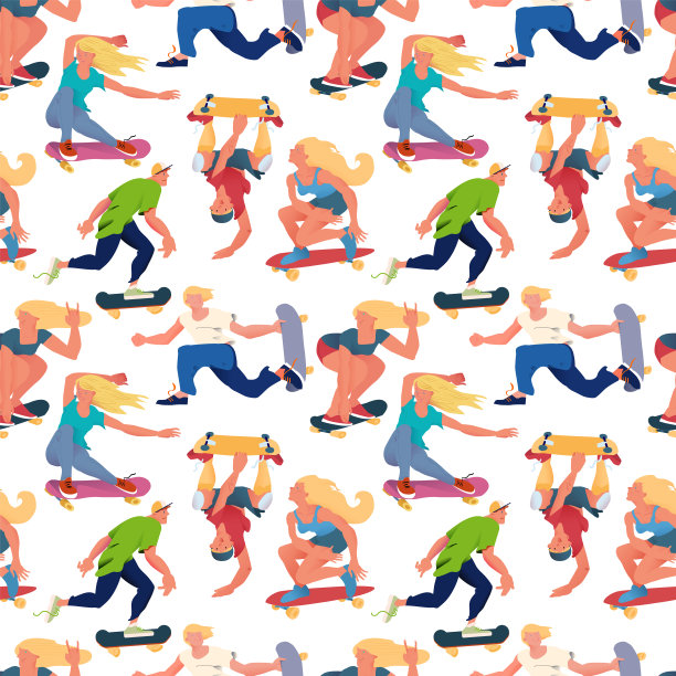人玩滑板的模式。平面矢量无缝模式。很酷的人玩滑板。用于纺织品、滑板运动商品的促销。图片下载