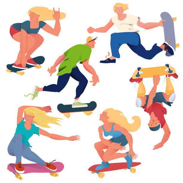 滑板的人。平面矢量时尚的插图。很酷的人玩滑板。对于社交媒体，滑板运动的商品促销。图片下载