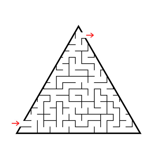一个抽象的三角形迷宫，有一个入口和出口。对孩子们来说有趣又有用的游戏。简单的平面矢量插图孤立在白色背景上。图片下载