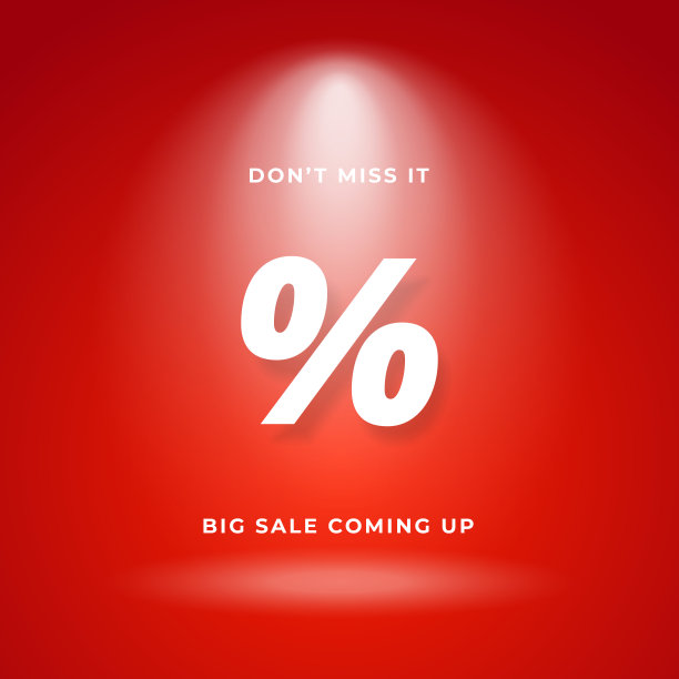 大销售即将出现的概念为警告海报的背景。红色背景与明亮的聚光灯和百分比标志折扣符号矢量插图。图片下载