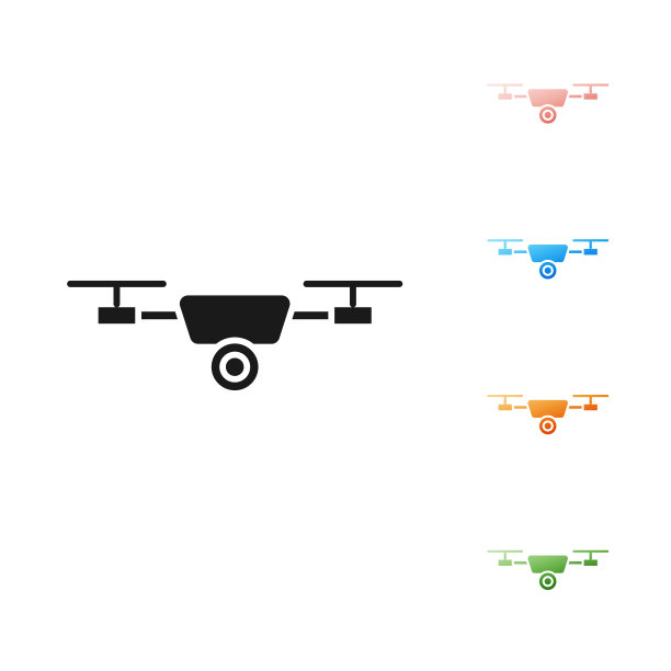 黑色无人机飞行与行动摄像头图标隔离在白色背景。带有视频和照片相机符号的四轴飞行器。设置图标丰富多彩。矢量图图片下载