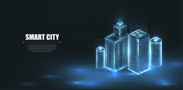 低聚智慧城市3D钢丝网。智能楼宇自动化系统的经营理念。低聚线框网格。孤立在深蓝色背景上。向量图片下载