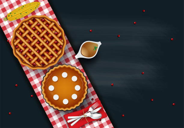 美味的烤鸡或火鸡在盘子上与刀叉和酱汁，收获烤蔬菜在黑暗的乡村背景，俯视图，横幅，框架。感恩节的食物图片下载