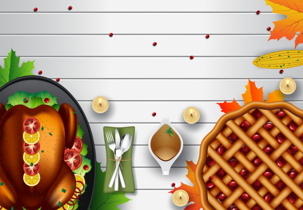 感恩节火鸡晚餐在白色的木制桌子上有拷贝空间图片下载