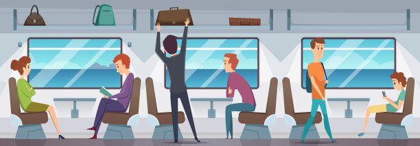 火车内部。人们在地铁内运输地铁列车矢量卡通插图图片下载