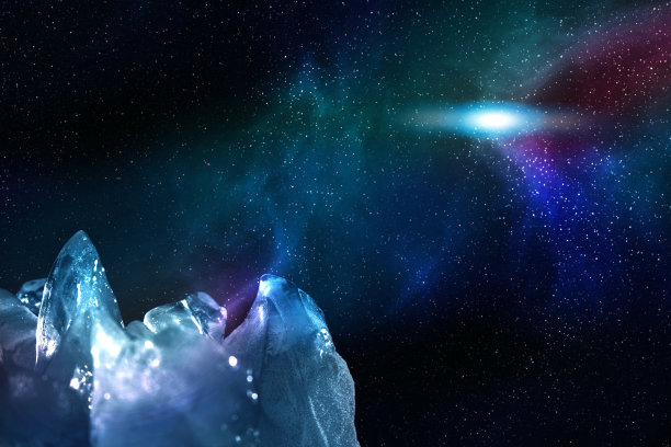 观看夜晚星空与北极光和一个闪亮的明亮的星星通过冰峰，插图。图片下载