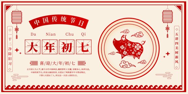 大年初七喜庆猪年展板素材图片