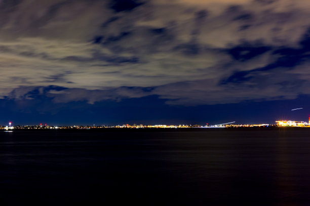 夜晚的海湾与远处的城市天际线，背景与复制空间图片下载