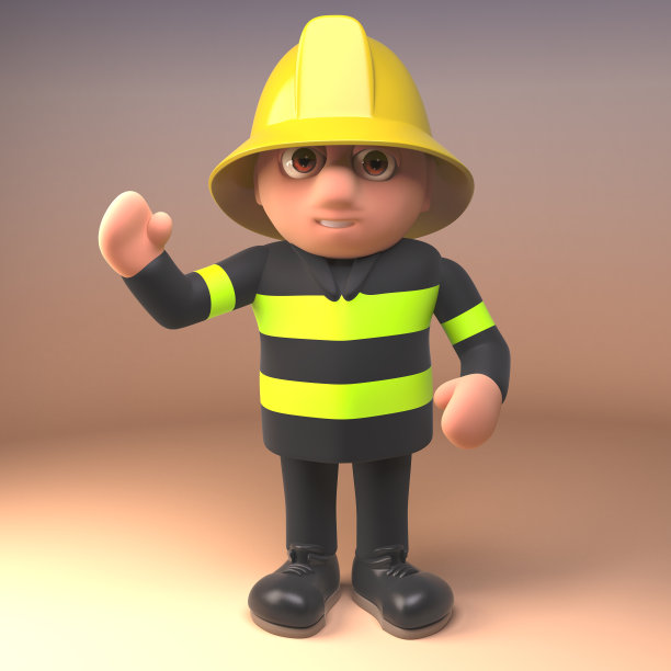 消防队员角色在高能见度的服装和头盔招手你好，3d插图图片下载