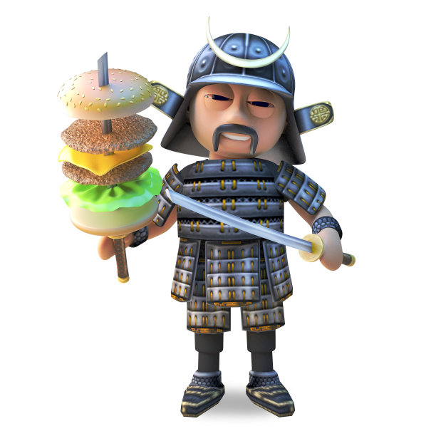 饥饿的3d日本武士构建一个奶酪汉堡在他的武士刀，3d插图图片下载