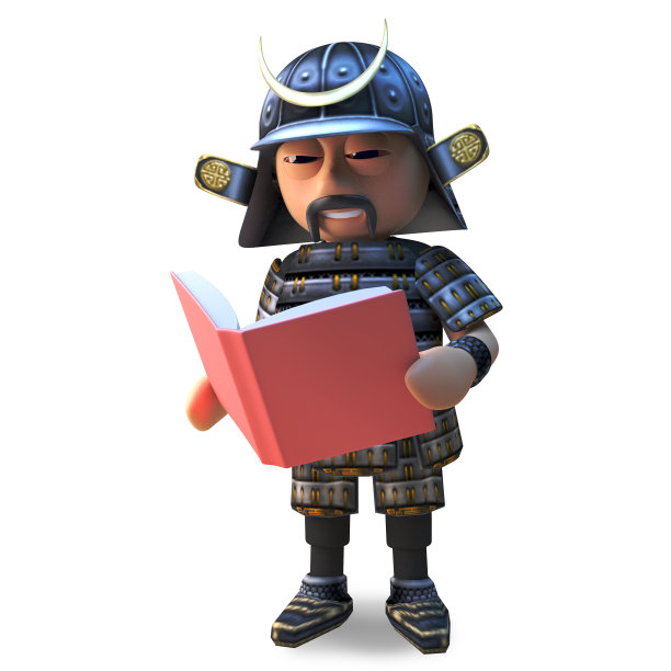 聪明的日本武士在3d阅读一本书，3d插图图片下载