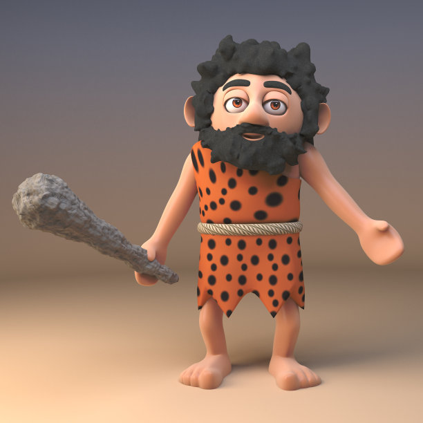歉意的穴居人与长胡子和动物皮毛展开他的手臂在一个请求，而持有史前俱乐部，3d插图图片下载