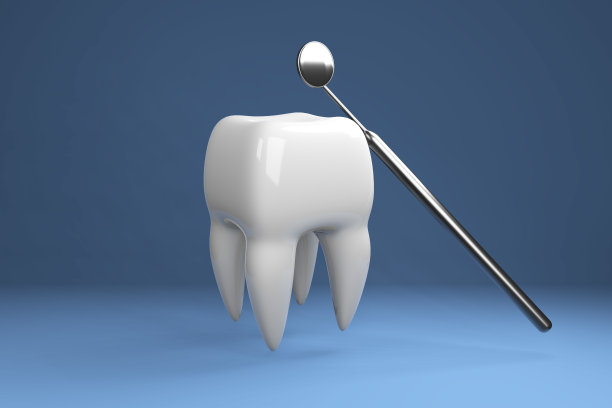 蓝色背景上的牙齿图像与牙医的工具。三维渲染图片下载