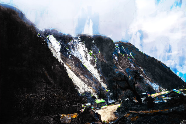 蓝色调的山的抽象绘画，数字绘画为背景图片下载