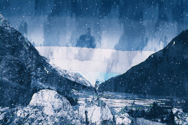 蓝色调的山的抽象绘画，数字绘画为背景图片下载