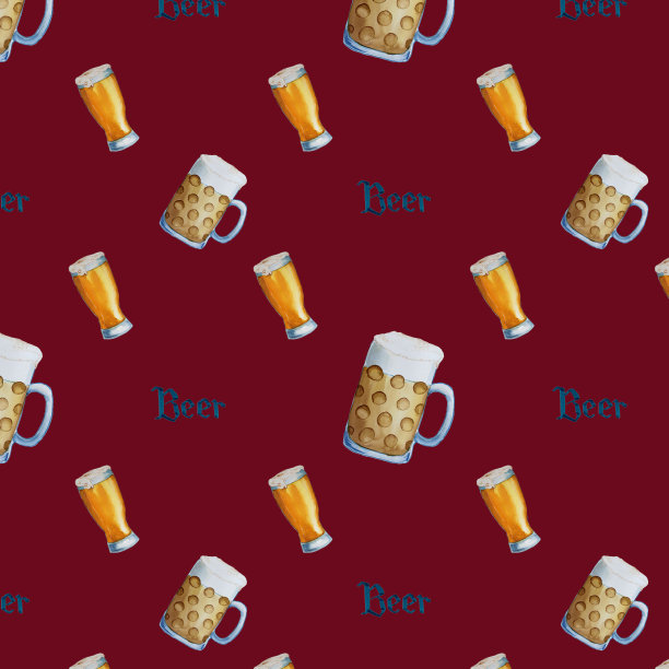 图案与玻璃杯和大杯啤酒。水彩手绘插图。背景。图片下载