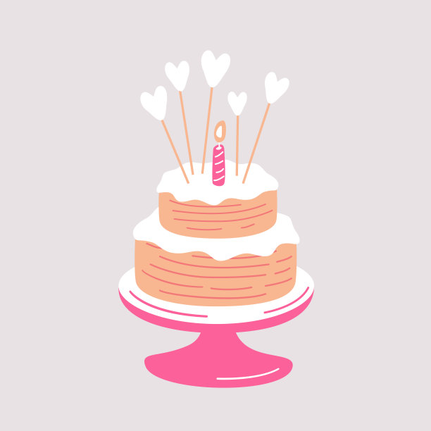 有心形装饰的生日分层蛋糕和一支燃烧的粉色蜡烛图片下载